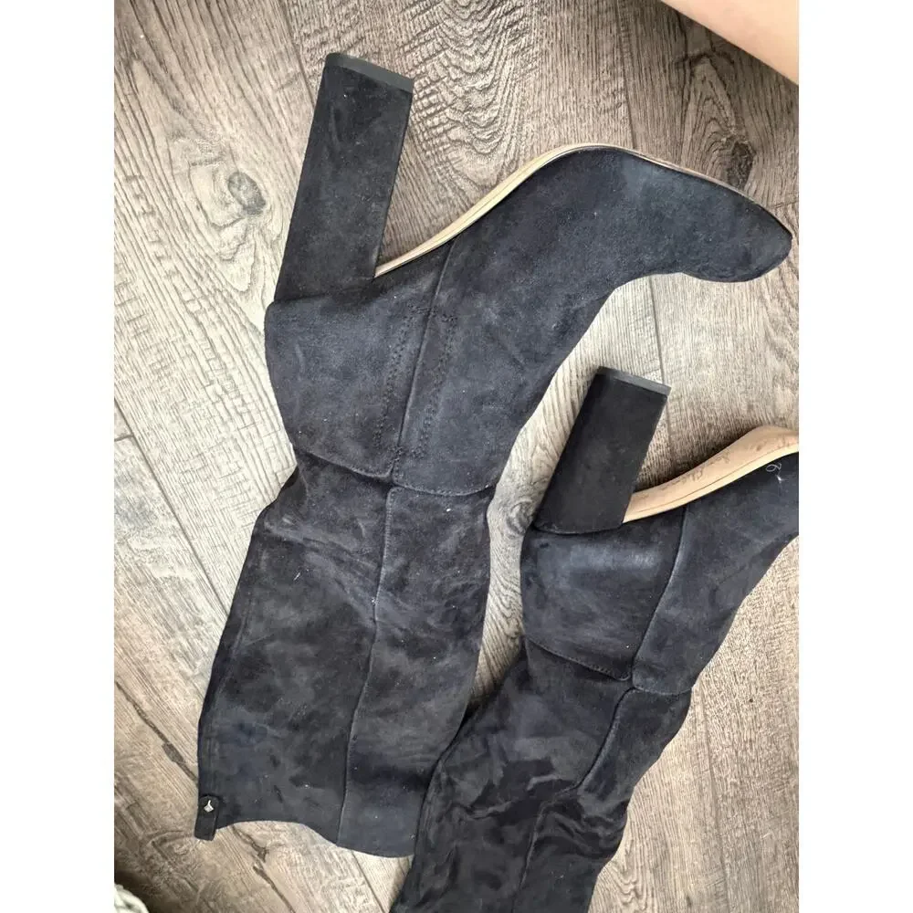 Sam Edelman Knee High Boots Size 8.5 Black Suede Almond Toe Block Heel Pull-On